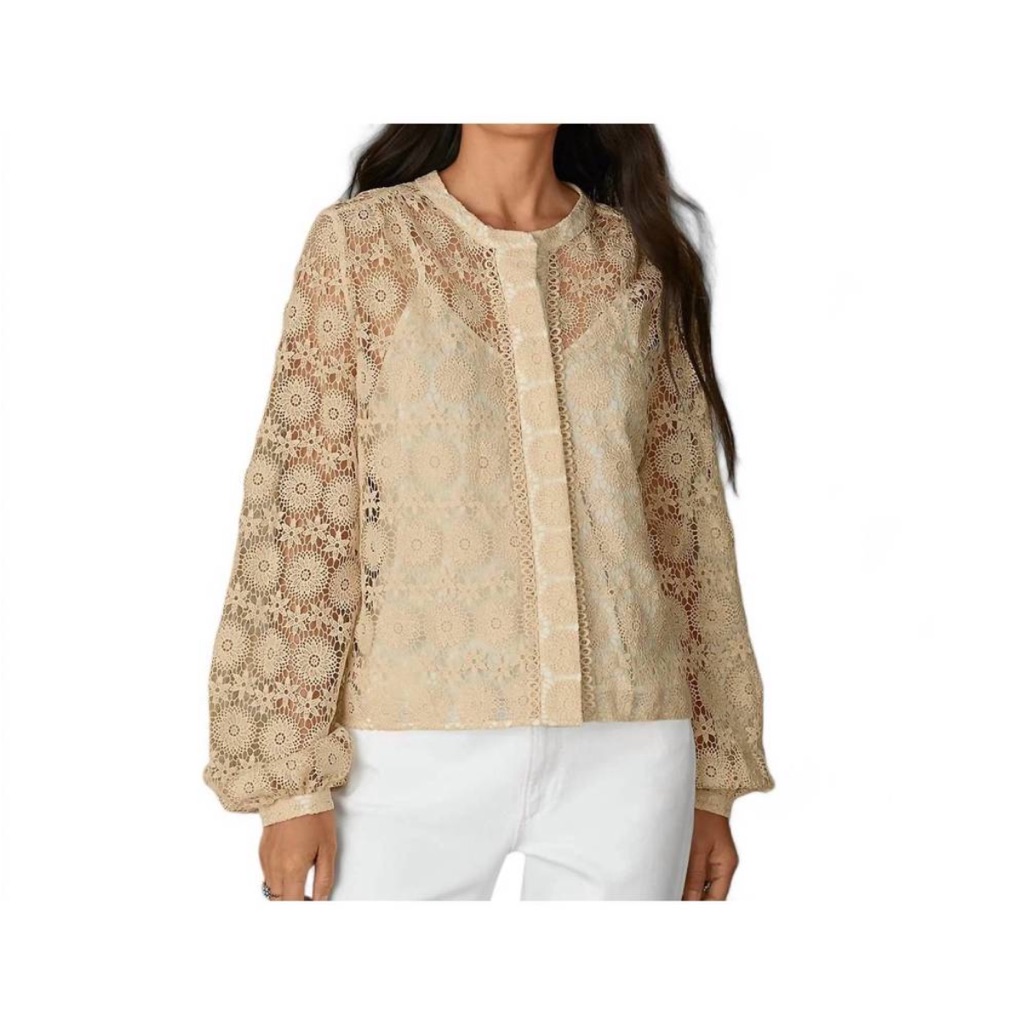 Marie Oliver New Size Small Lace Long-Sleeve Top In Beige Covered Buttons